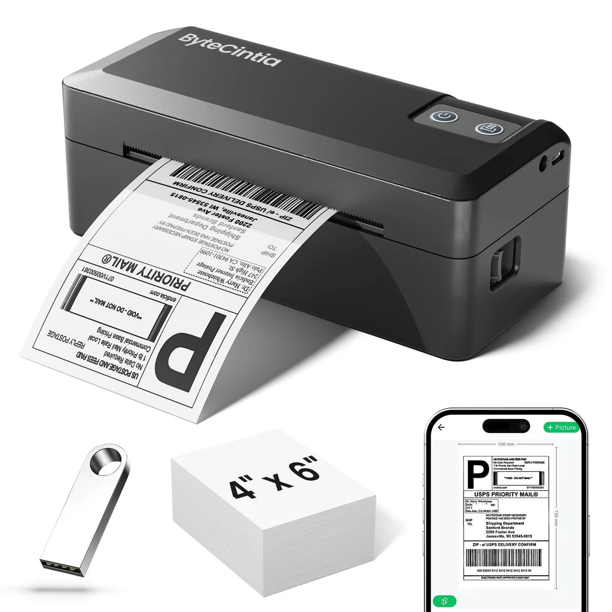 Compact black thermal label printer with Bluetooth and USB, prints 4x6 labels
