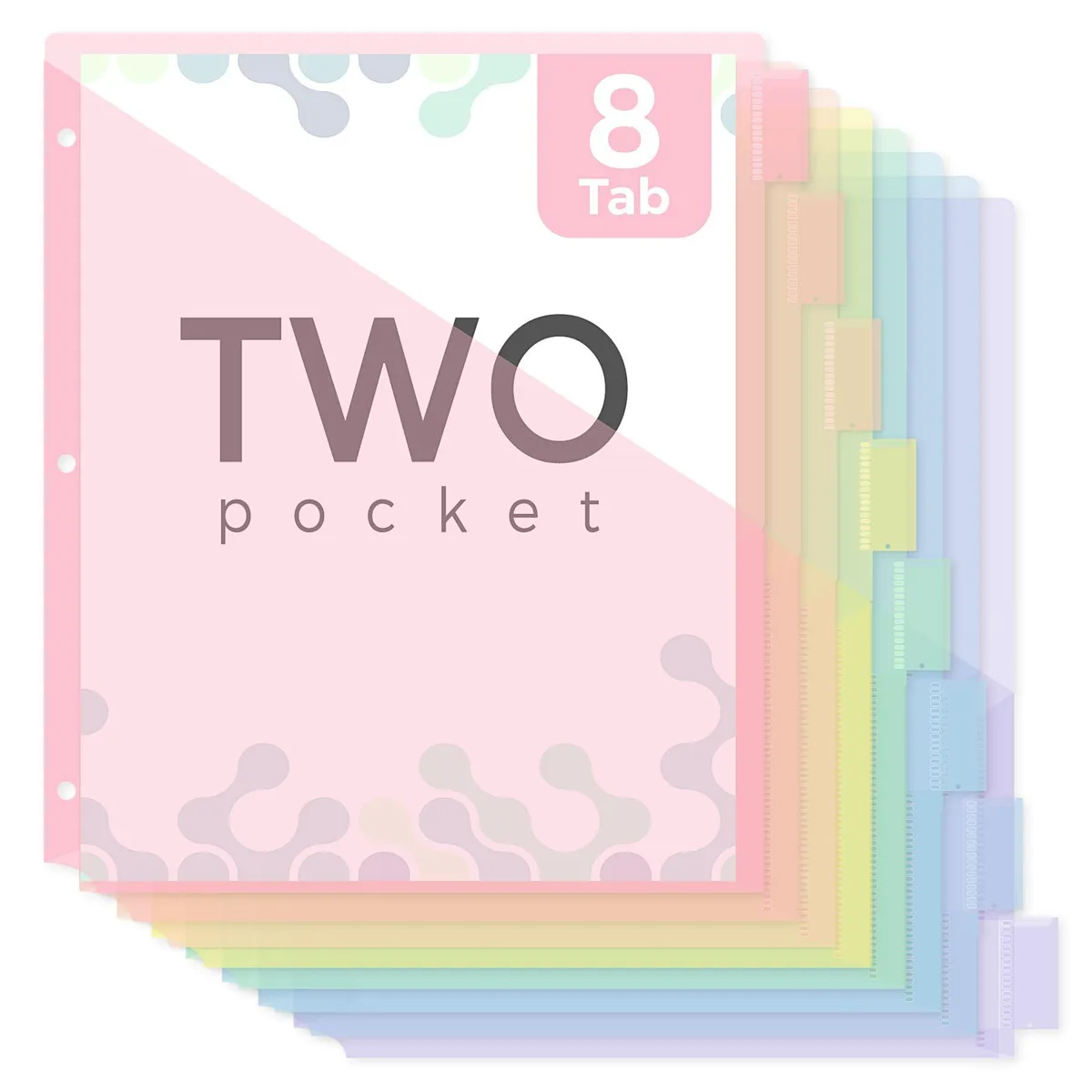 Eight pink binder dividers with tabs and clear pockets on a light surface