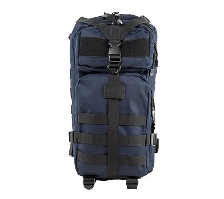 Blue small backpack with black trim, multiple zippered compartments, MOLLE webbing, padded shoulder waist sternum straps
