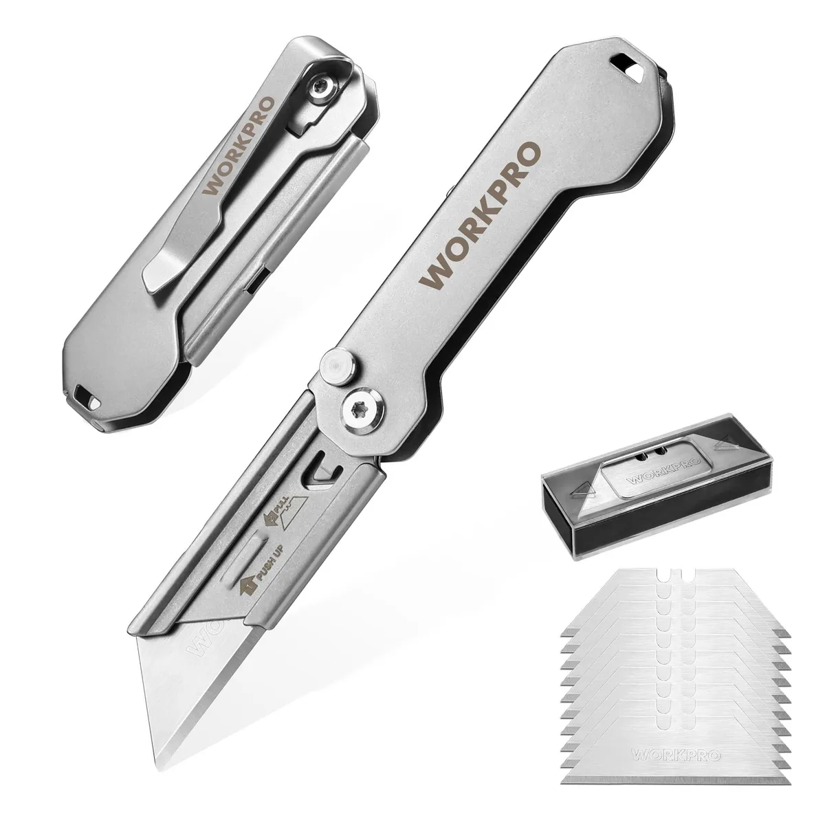 Two silver folding utility knives with belt clips, closed length 3.3 inch, weight 1.87 oz each