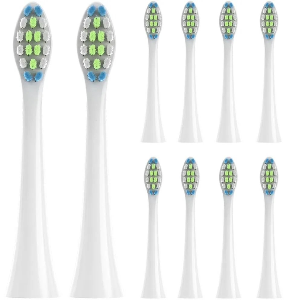 Ten white electric toothbrush heads with charcoal bristles and dust covers
