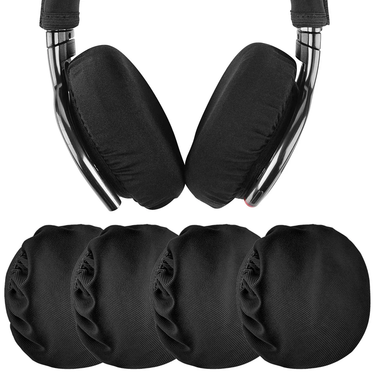 Two pairs of black stretch fabric ear covers, flat circular shape, soft matte finish