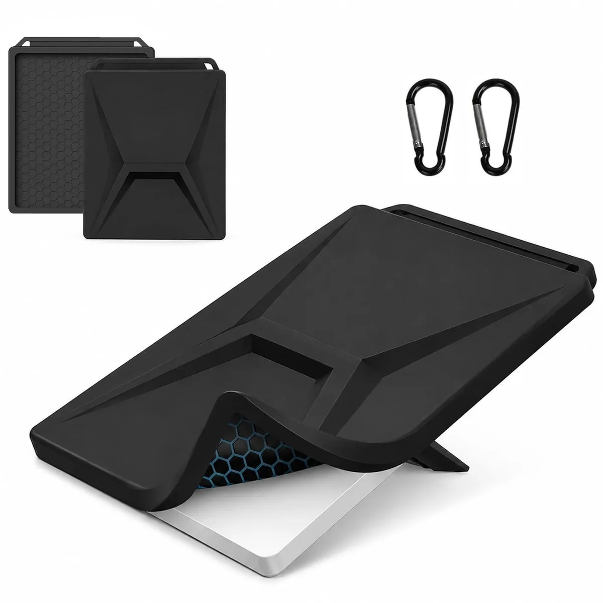 Black hard-shell carrying case with carbon-fiber texture, top handle and shoulder strap