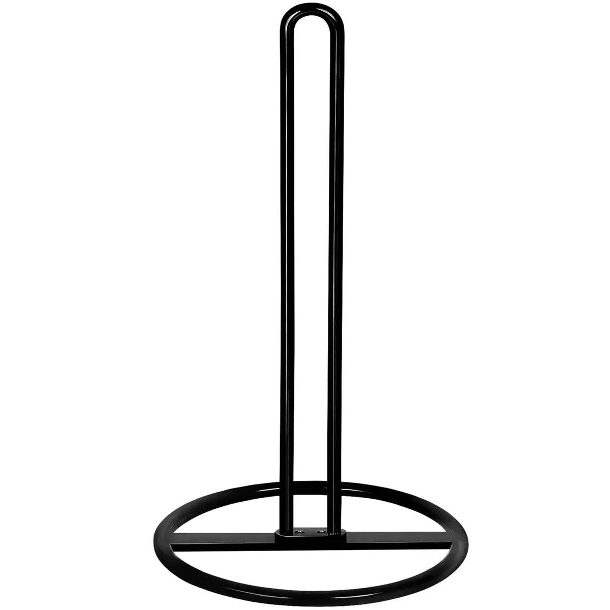 Black steel countertop paper towel holder with semicircle carry handle, 12.5" H x 6.3" W x 6.3" D