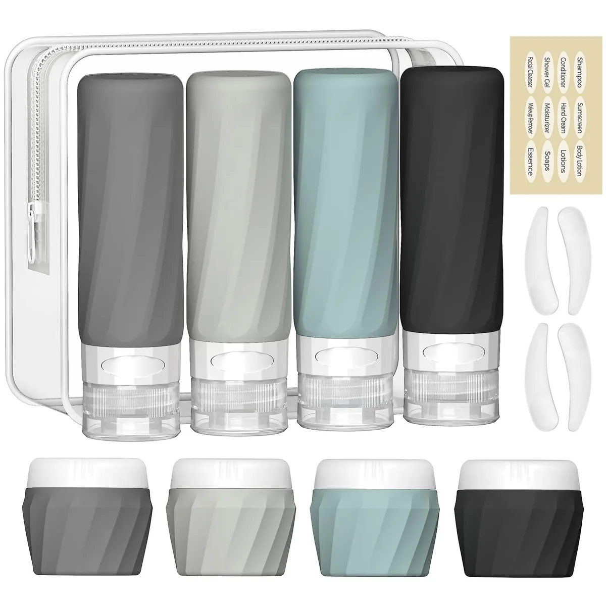 Gray 14-piece travel toiletry set with silicone bottles, jars, spoons, label and clear zip bag
