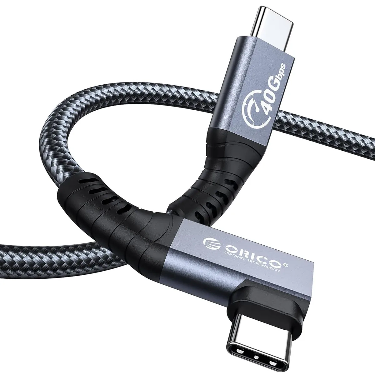 Gray Thunderbolt cable, right-angle connector, one foot long