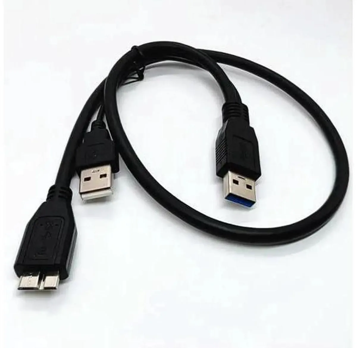 Short Y-cable with two Type-A plugs and one Micro-B connector, smooth dark sheath
