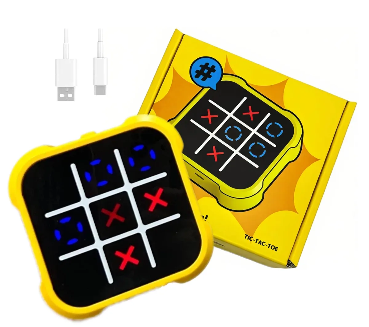Wooden handheld Tic Tac Toe game with colourful buttons and USB-C port