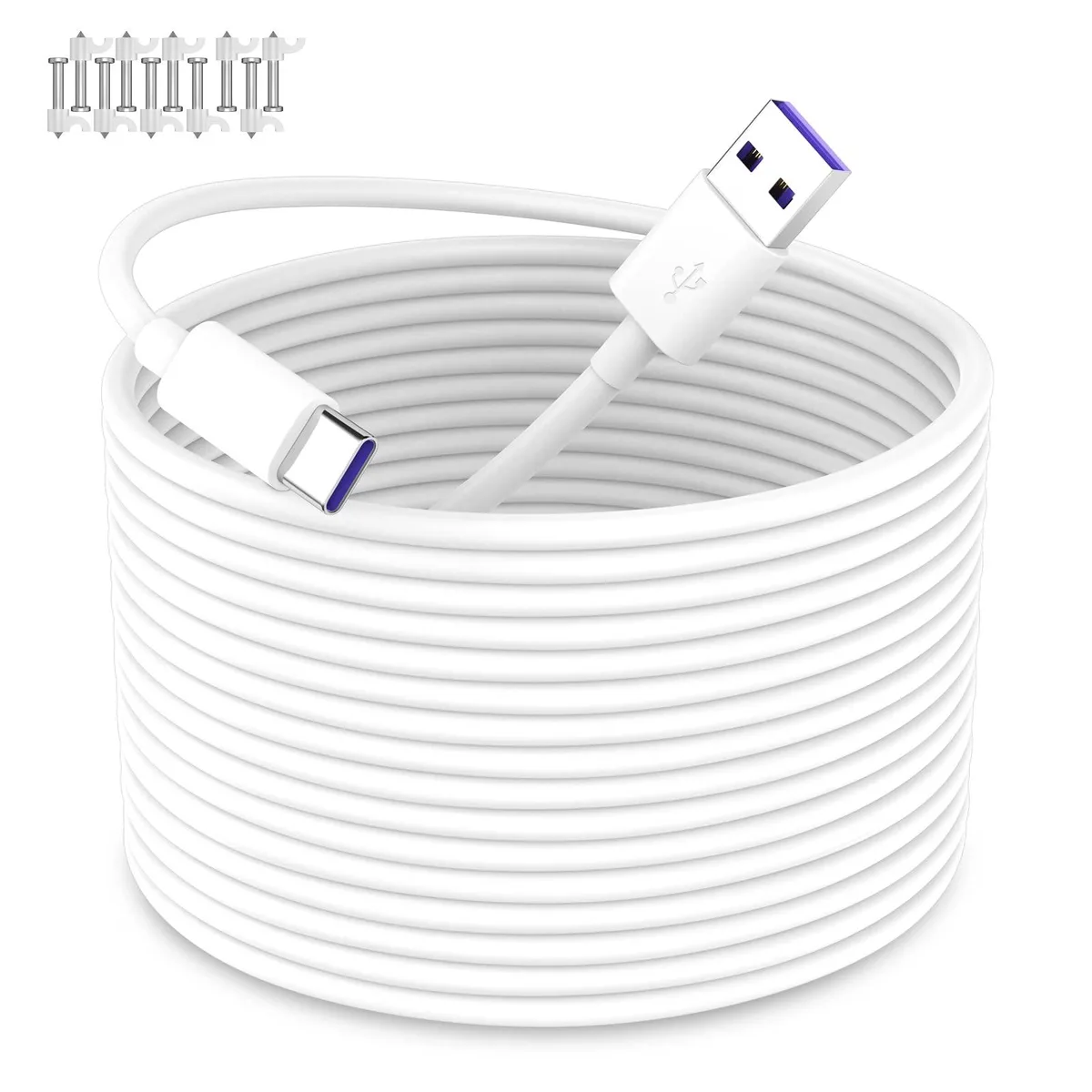Blue USB-A to USB-C power cable coiled, 33 ft long with 10 wire clips