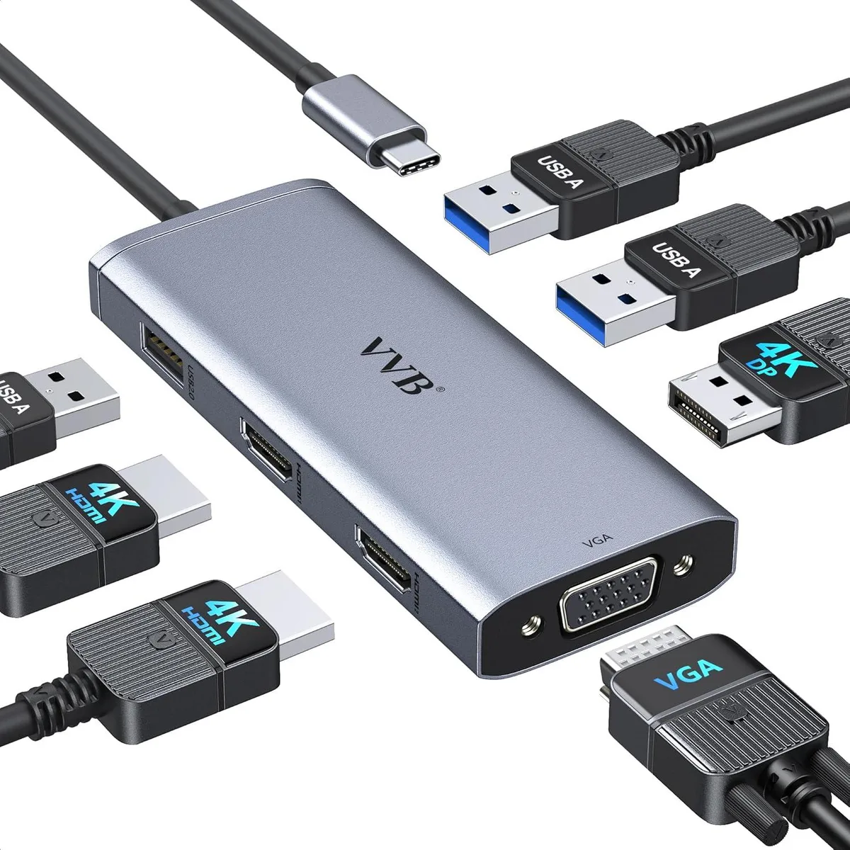 BFKK BFKK 7-in-1 USB-C Docking Station Dual HDMI DP VGA 3 USB 2.0 — product photo