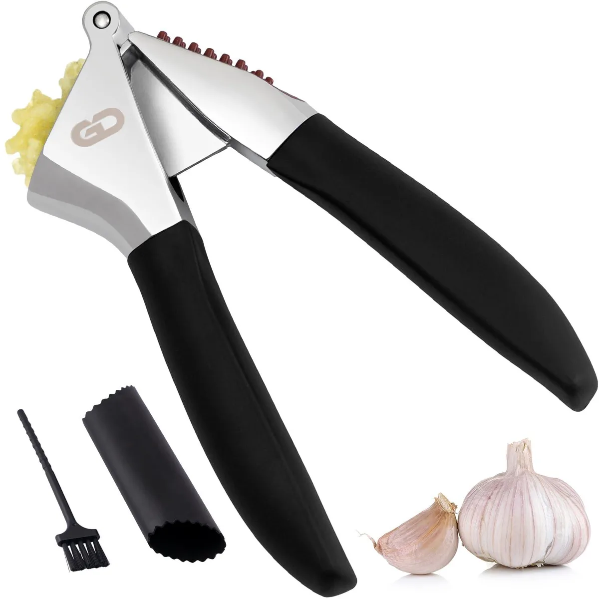 Black zinc garlic press with ergonomic handles, silicone peeler and cleaning brush