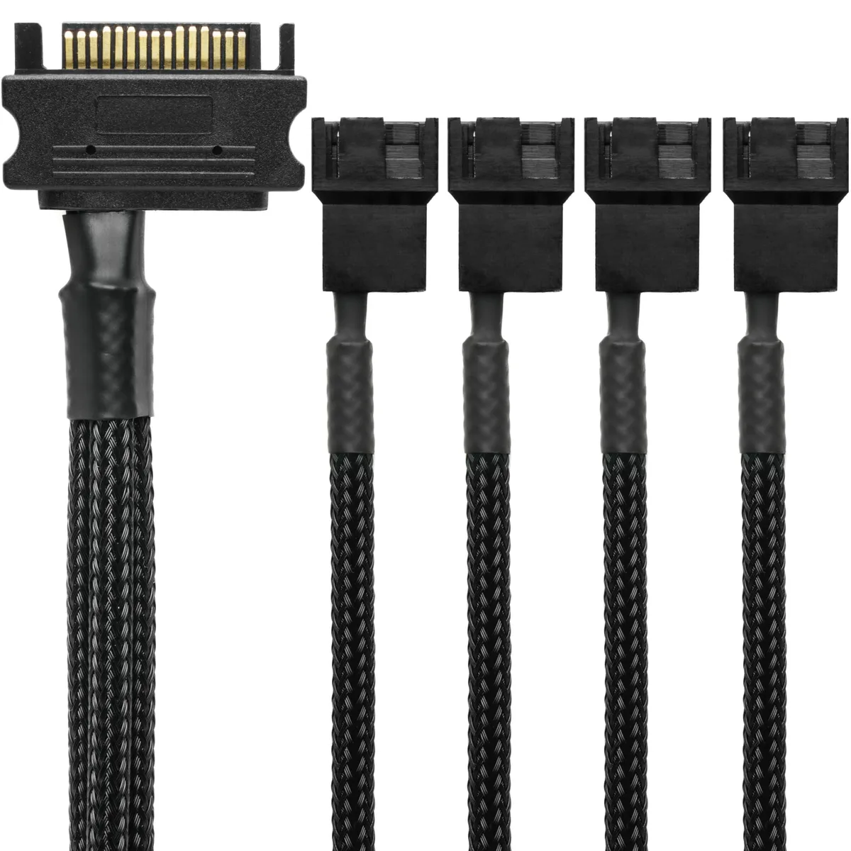  CRJ Electronics SATA Fan Adapter Cable 12-inch 30cm Black Sleeved 15-pin to 4 Fan — product photo