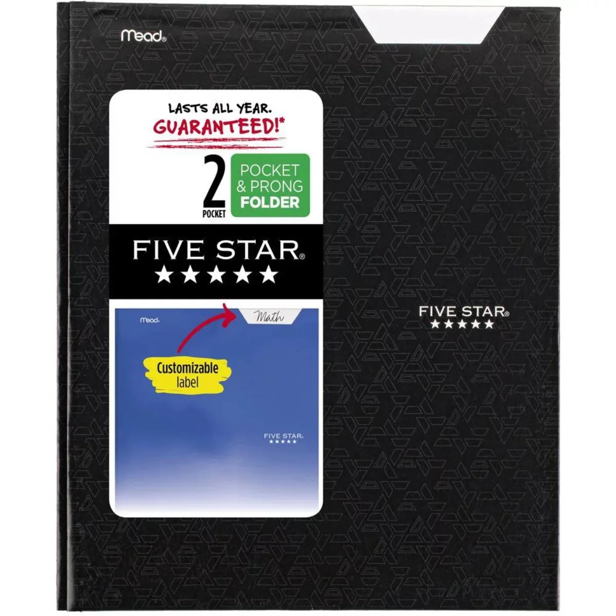 Black pocket folder with geometric pattern and three prongs