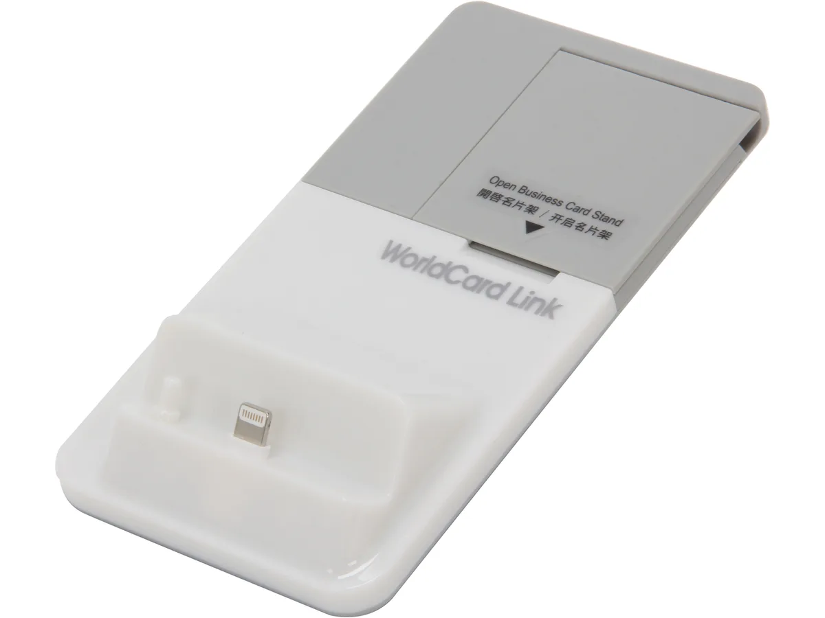 White rectangular dock with foldable card stand and iPhone 5 connector