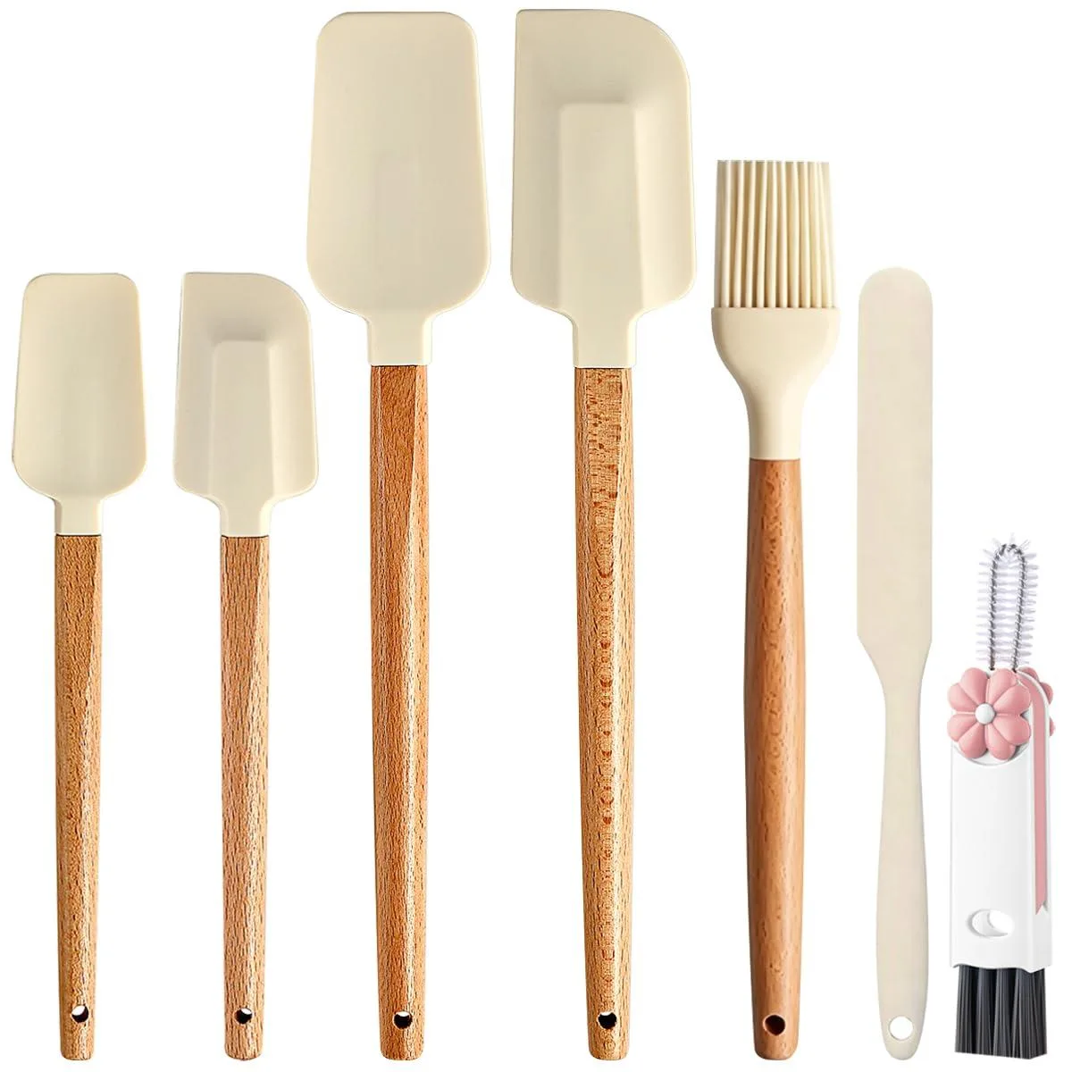 Seven white silicone spatulas with wooden handles lying flat