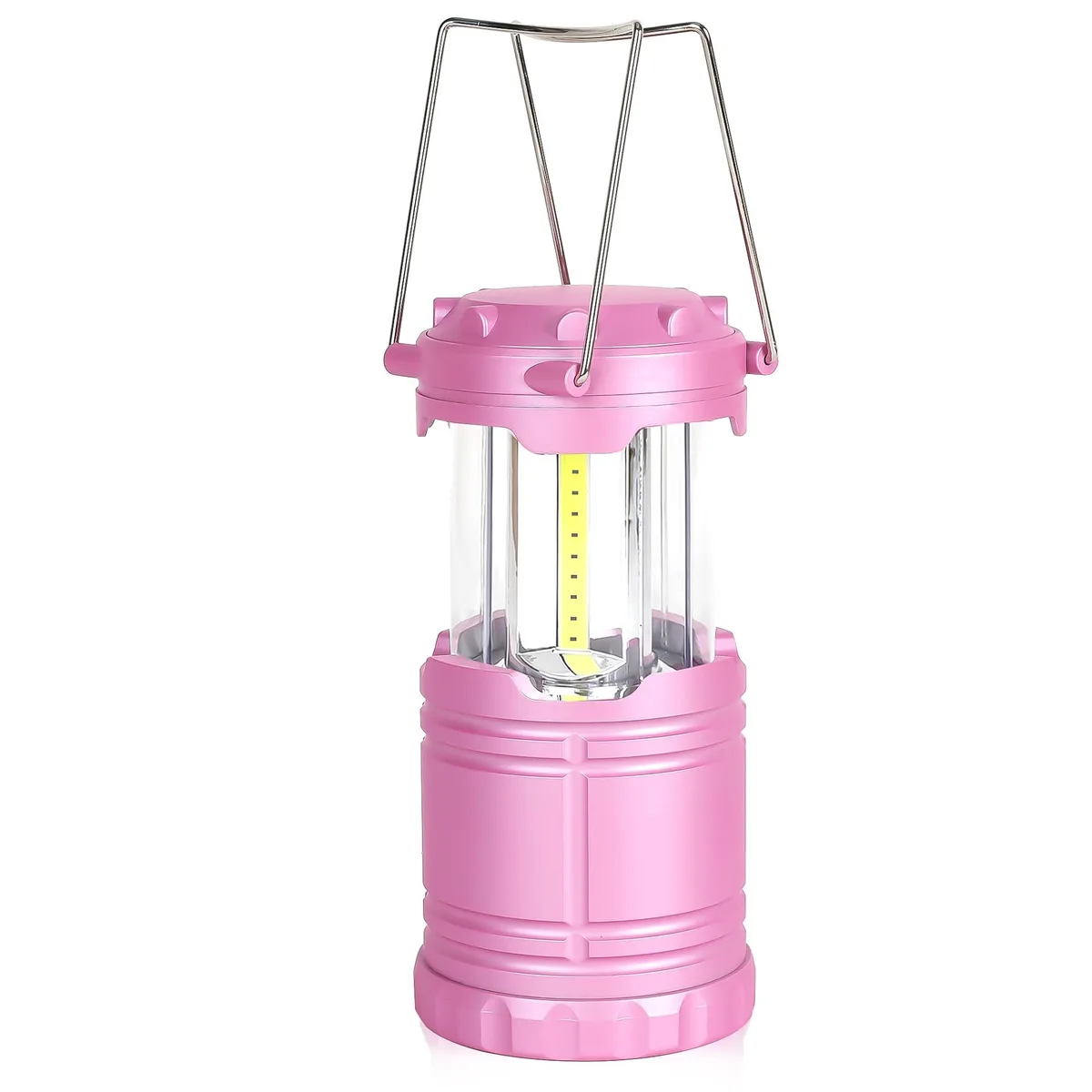 Pink cylindrical camping lantern with fold-down handle and collapsible body