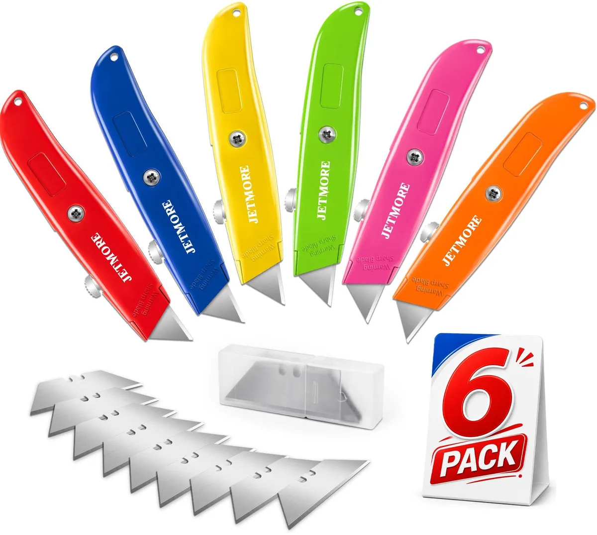 Jetmore 6 Pack Retractable Box Cutters Blue 10 Blades — product photo