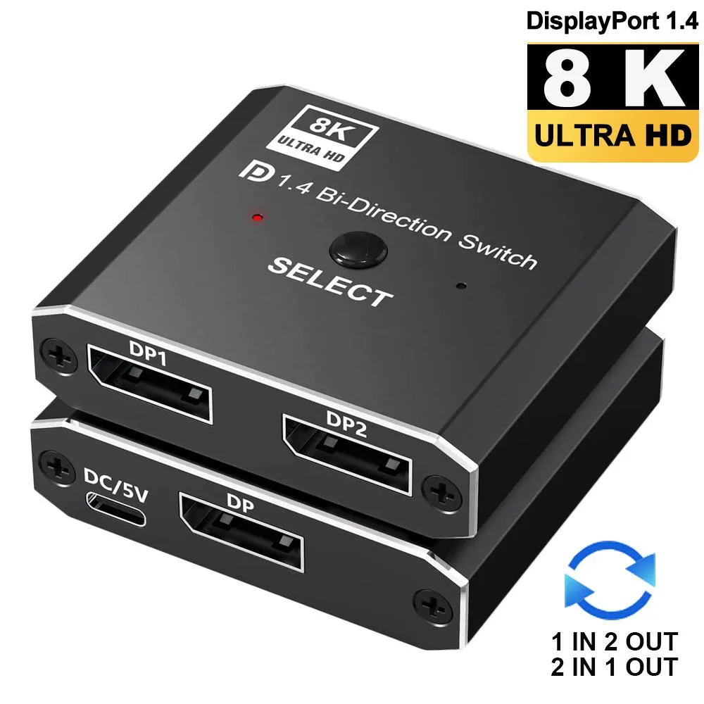 ESTONE ESTONE OZQD Bi-Directional DP Splitter 1 in 2 Out 2 in 1 Out 8K@30Hz 4K@120Hz 1080P@240Hz — product photo