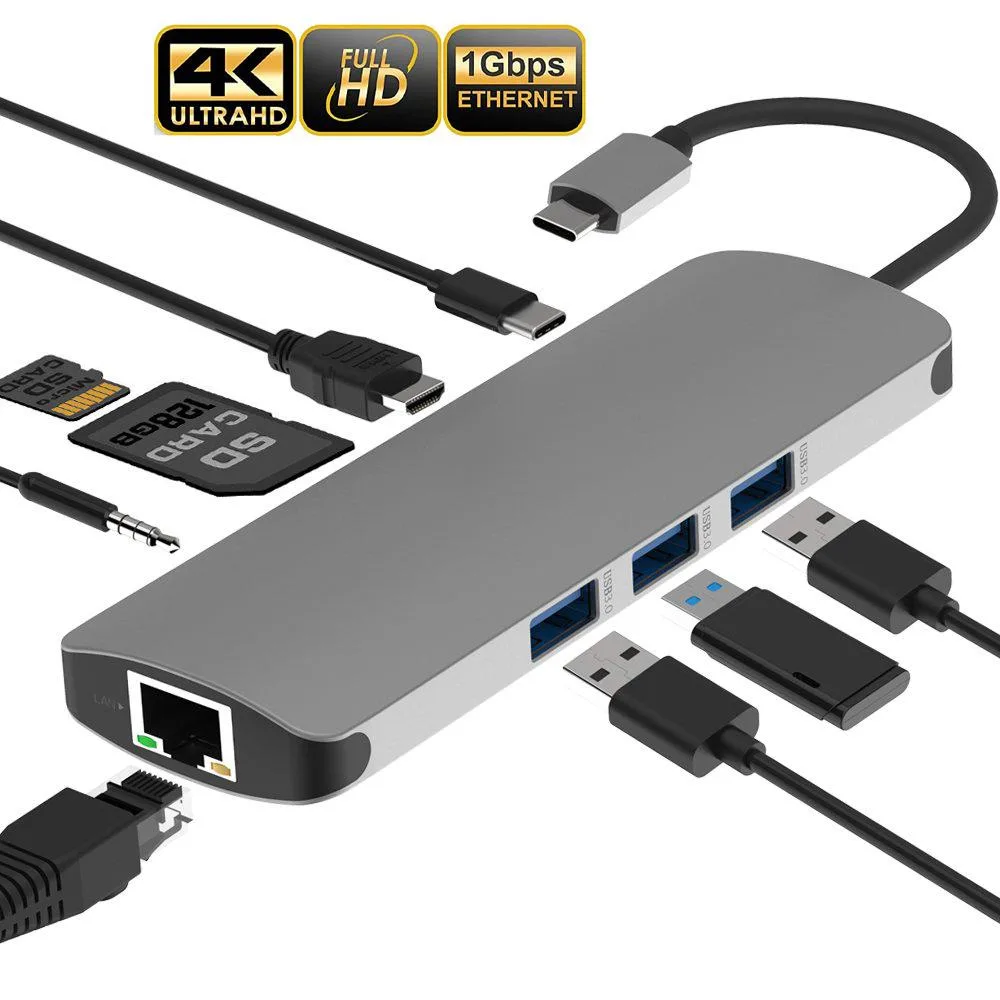 WRIARICH WRIARICH 9-in-1 USB-C Hub Gray 4K 30Hz 60W PD 1000M Ethernet 3.5mm Audio — product photo