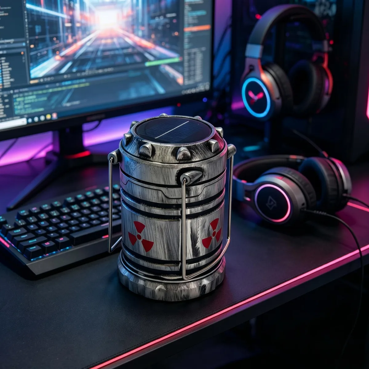 Silver wireless desktop power button with micro nuclear reactor theme and cool lights