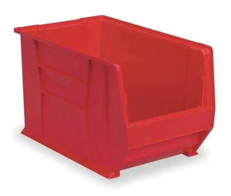 Red industrial polymer storage bin with moulded rear handle