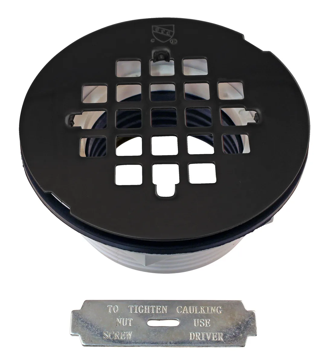 Twelve matte black PVC shower drains with round grid covers