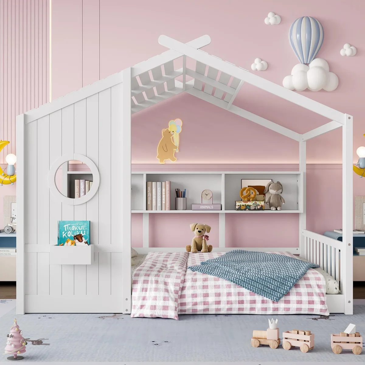 White wooden floor bed with house-shaped roof frame and side storage shelf