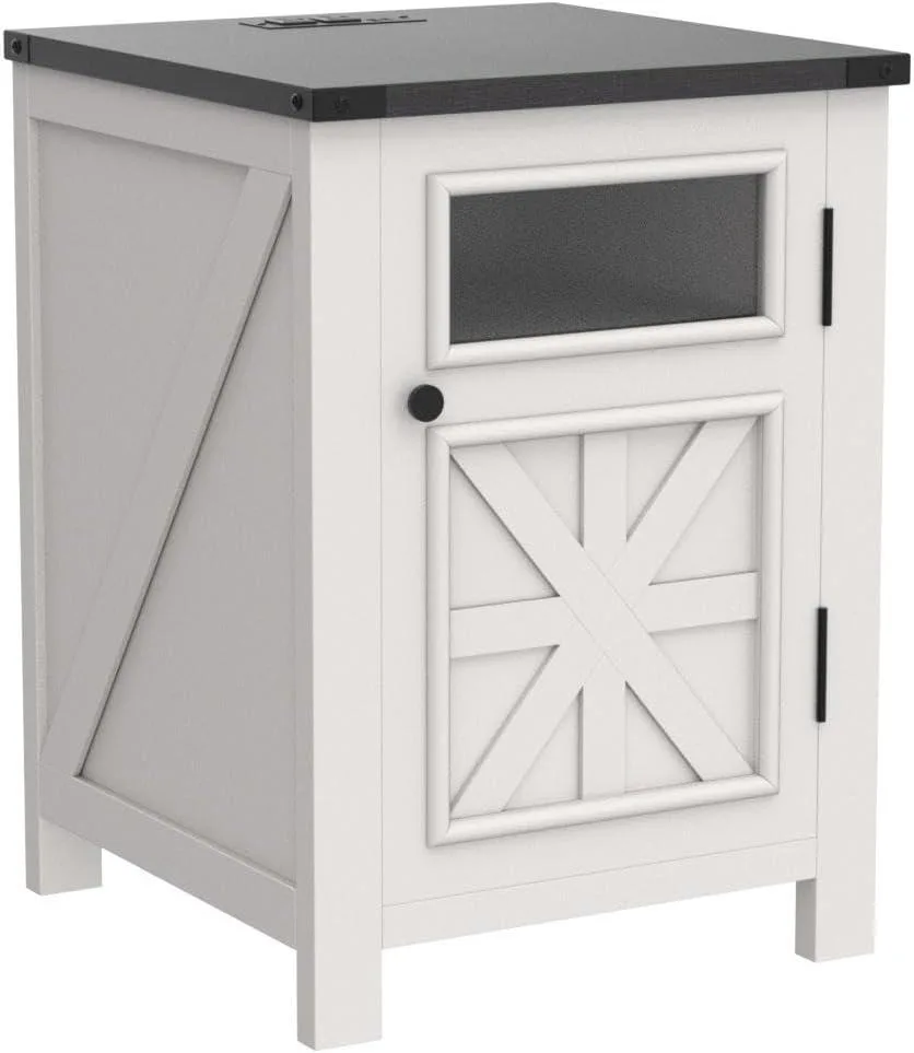 White 18-inch rustic nightstand with barn door and adjustable shelf, built-in charging station