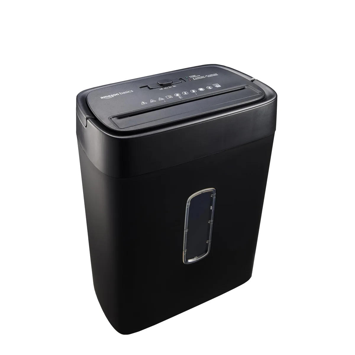 Black cross-cut shredder with auto/off/reverse controls, 5-gallon bin, LED indicators