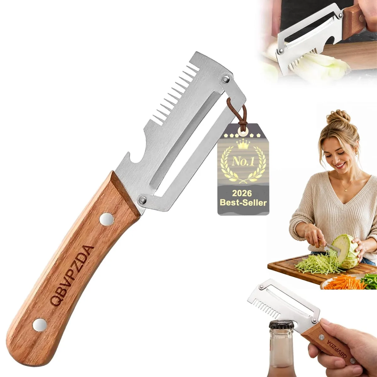 Stainless steel handheld julienne slicer with peeler and shredder blades