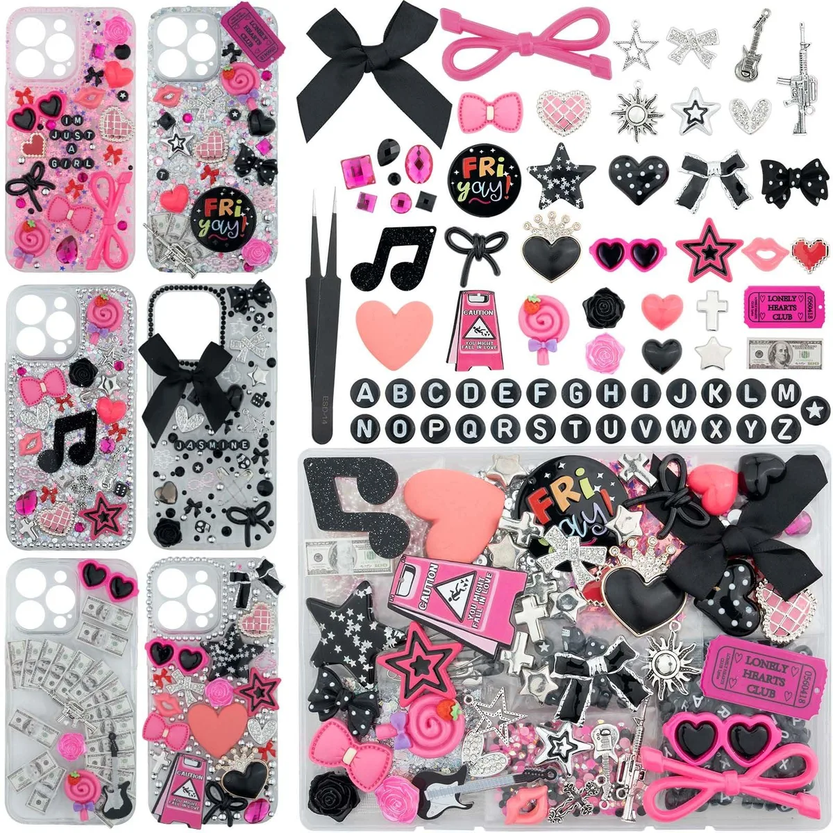Assorted multicolour charms, beads, bows and flatback pearls in a plastic kit, 1050 pieces