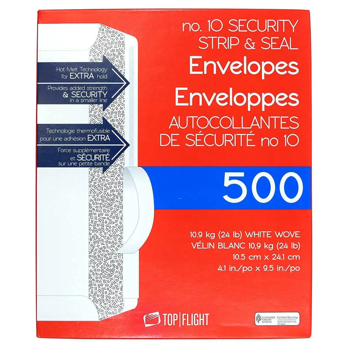  Top Flight PSTF10NWT #10 Envelopes, Strip &amp; Seal, Security Tinted, 24 lb, 500 Count — product photo