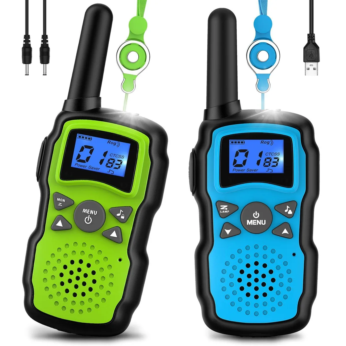 Two yellow walkie-talkies with black accents, rechargeable batteries and USB charger set