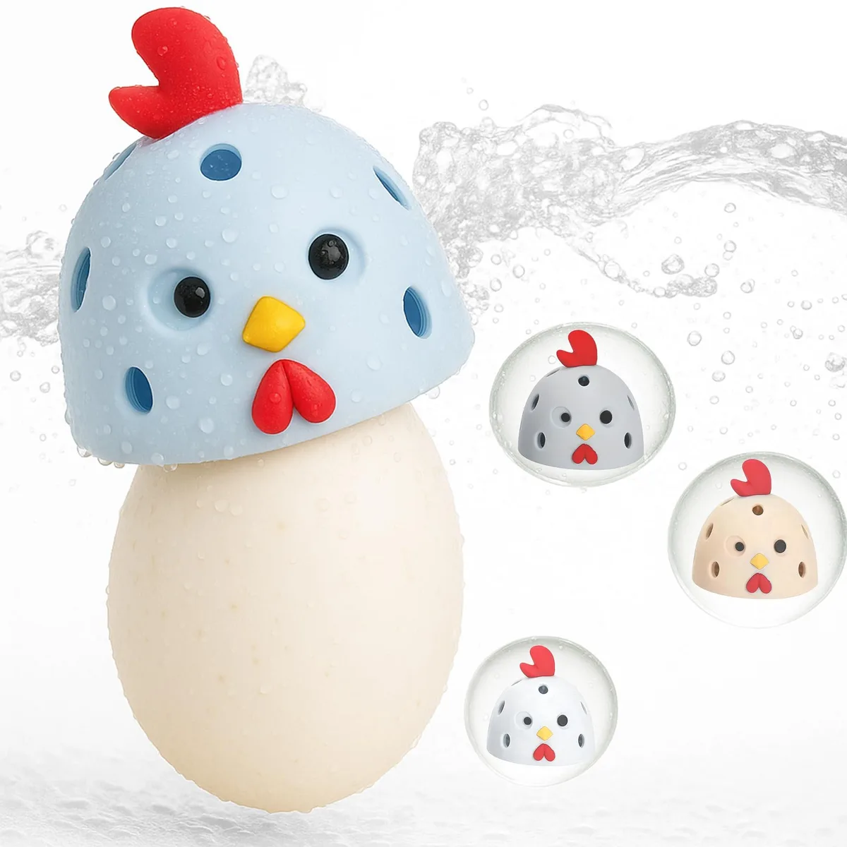 Blue chick-shaped silicone egg washer, 2.2 by 2.28 by 4.25 inches