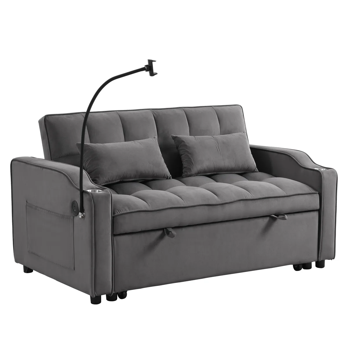 Dark grey velvet sofa bed with pull-out trundle and two pillows