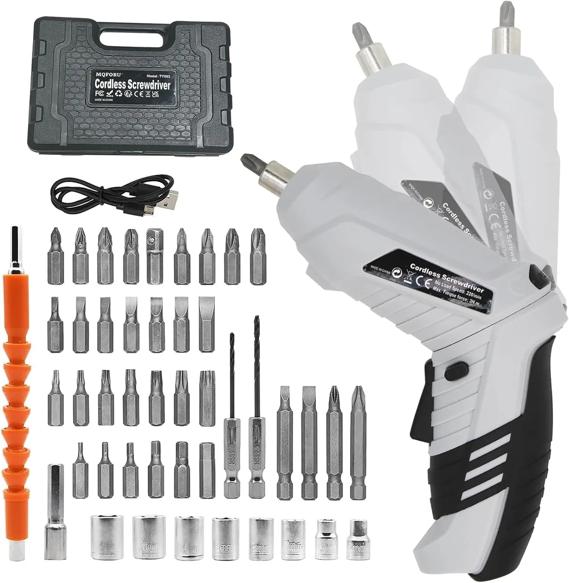 Black cordless screwdriver with 47 bits and storage case