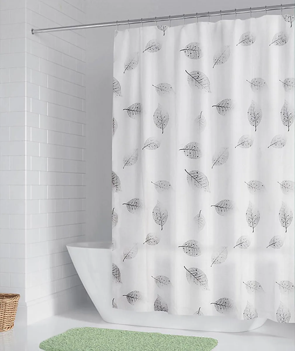 Grey leaf-patterned semi-transparent PEVA shower curtain liner 72x72 inch with 12 plastic hooks