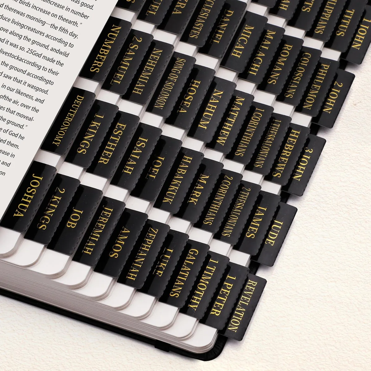 Black translucent PET Bible tabs with gold foil lettering, 84 count