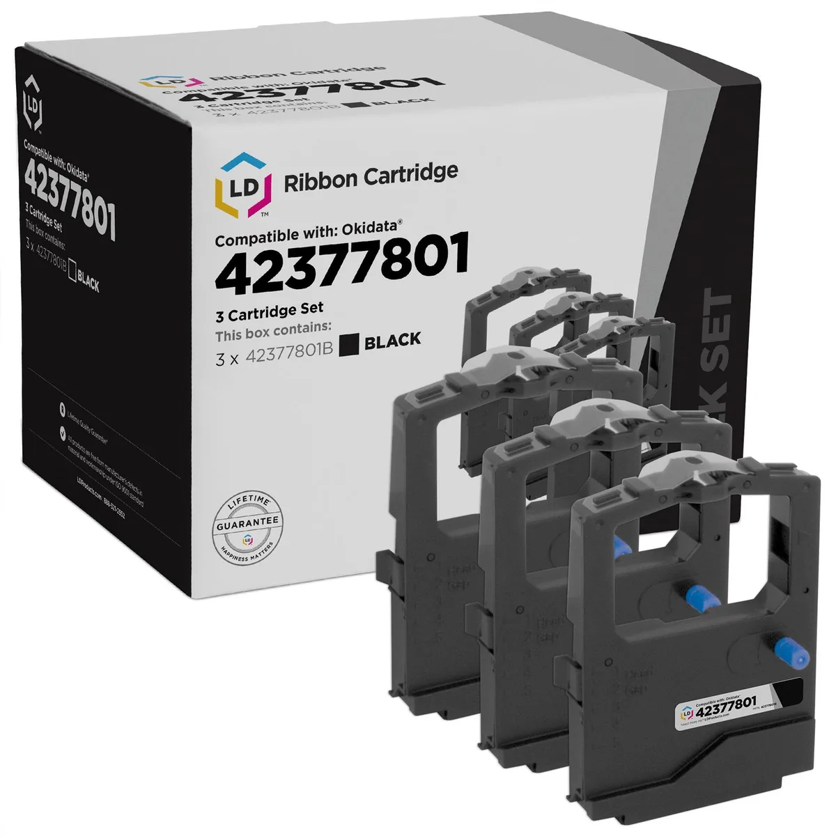 Three black printer ribbon cartridges in a row