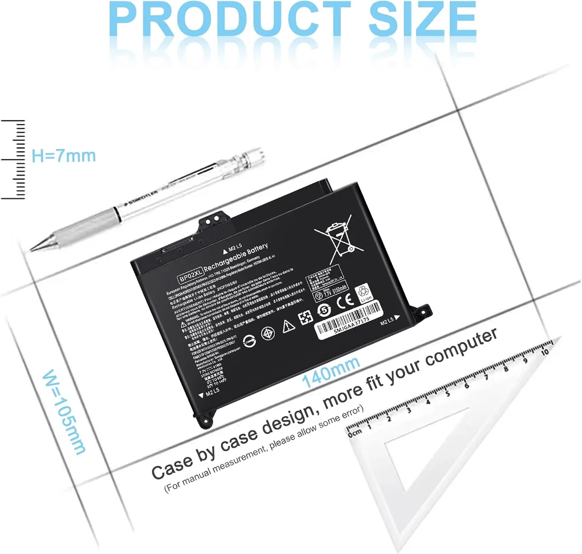 Rectangular black lithium-ion laptop battery with label showing model BP02XL 41 Wh 7.7 V