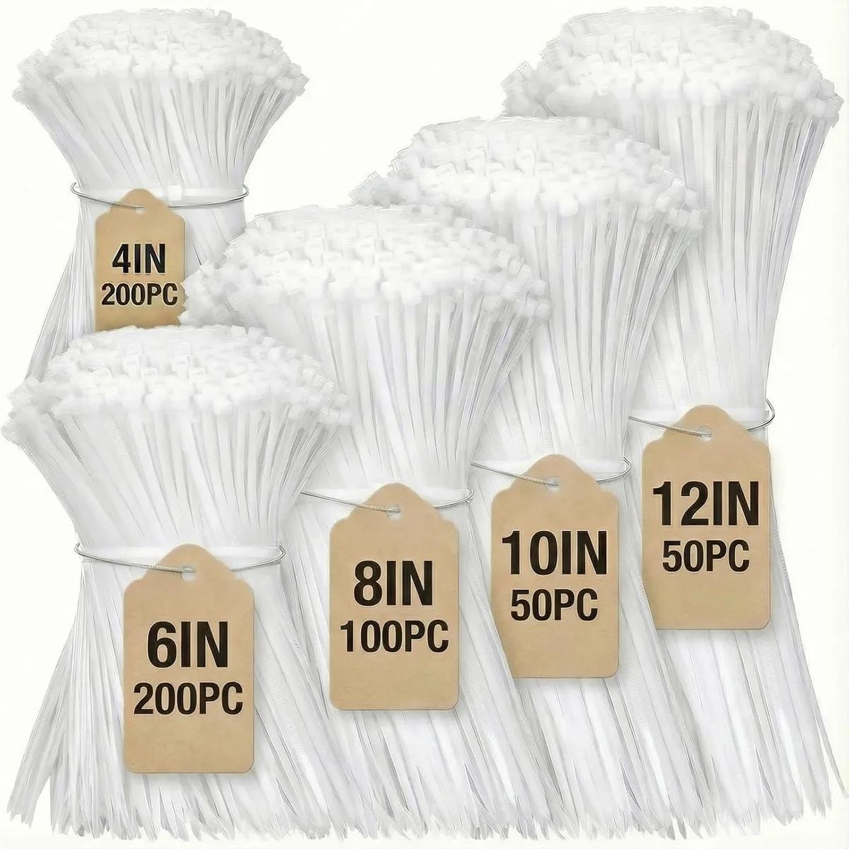 Ennovor Ennovor Cable Zip Ties 600-Piece Assorted Sizes 4 6 8 10 12-Inch Self-Locking Nylon White — product photo