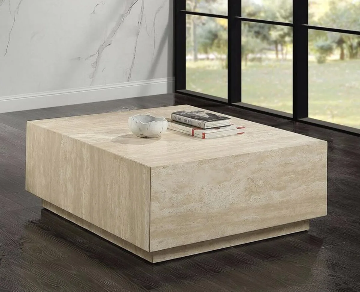 Square beige travertine occasional table on plywood base