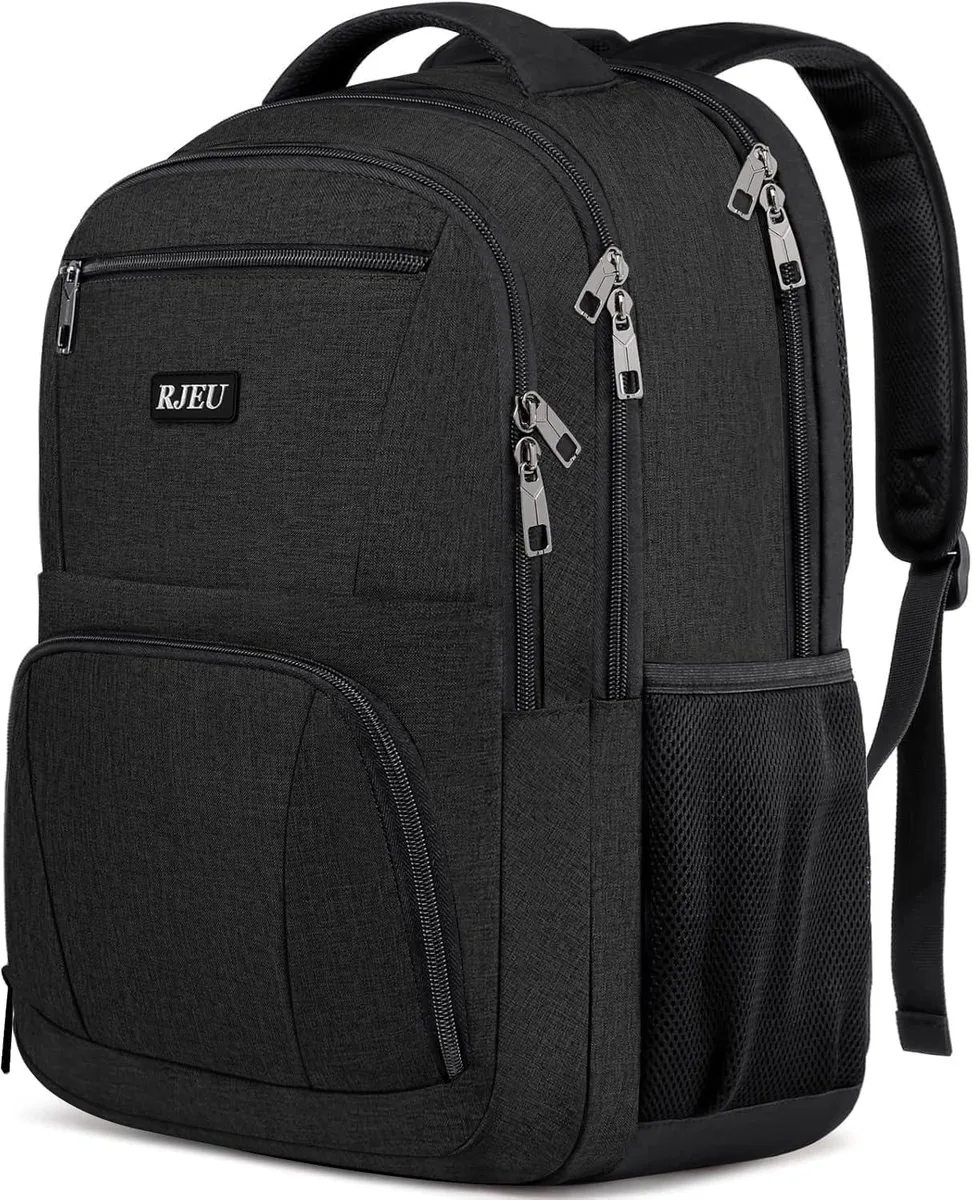 Black polyester school backpack with padded 15.6-inch laptop sleeve and water-resistant finish