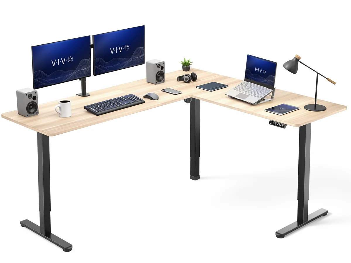 VIVO VIVO corner electric standing desk 75 x 63 in light wood black 176 lbs capacity — product photo