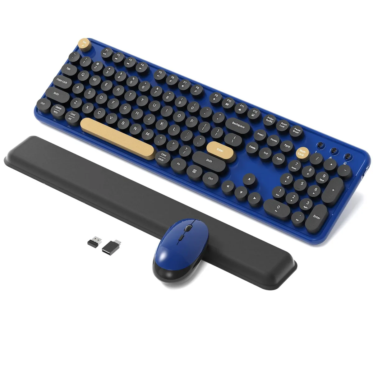 Full-size wireless keyboard and mouse in Klein Blue with round floating keys, gold accents, wrist rest and USB receiver