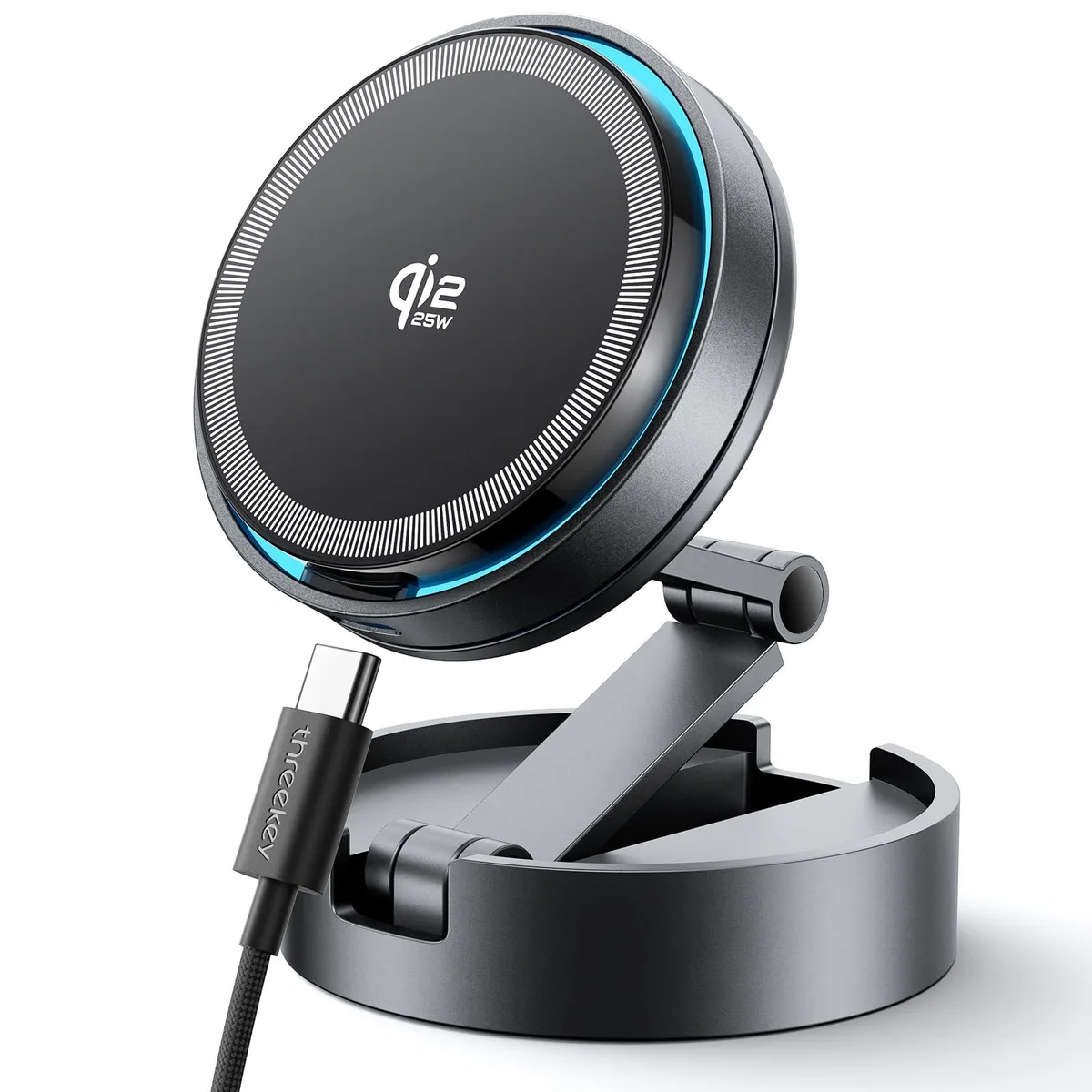  THREEKEY TK-TZH106-01 Qi2 25W Magnetic Car Mount Charger Lite Gray with Fan LED 360° 30W Adapter — product photo