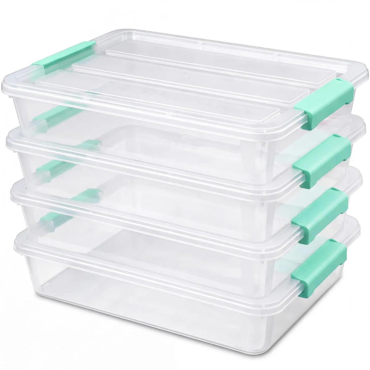 Four teal stackable plastic bins with secure latching lids
