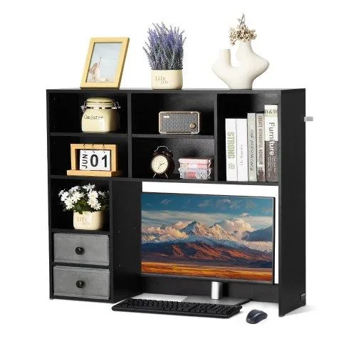 VEVOR VEVOR KLBS-10 3-Tier Desktop Bookshelf 37" x 10" x 31.1" Black with Two Fabric Drawers — product photo