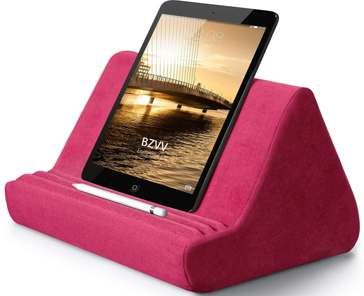 Red fabric tablet pillow stand with storage pocket and adjustable viewing angles