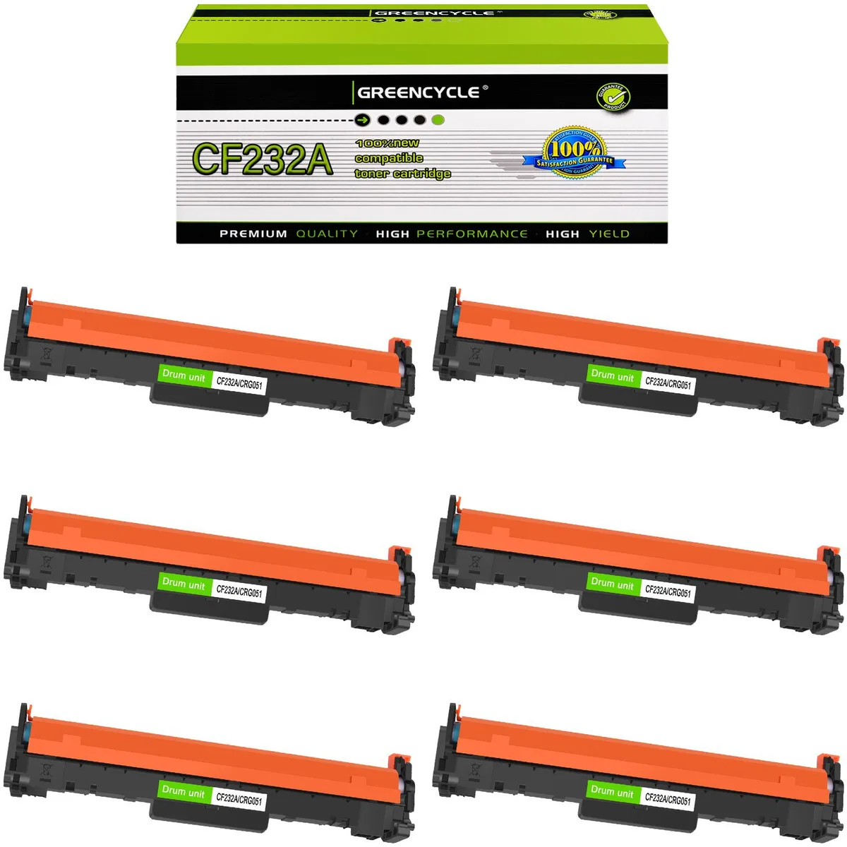 Six green-cased CF232A drum units in a row